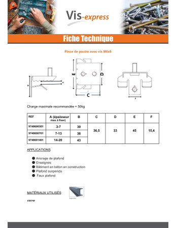 Clip pour poutre Acier phosphate épaisseur à fixer 3 à 7 + Vis M6