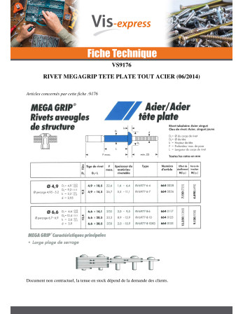 Rivet MEGAGRIP Tout Acier brut 4.9X10.5 Tête plate