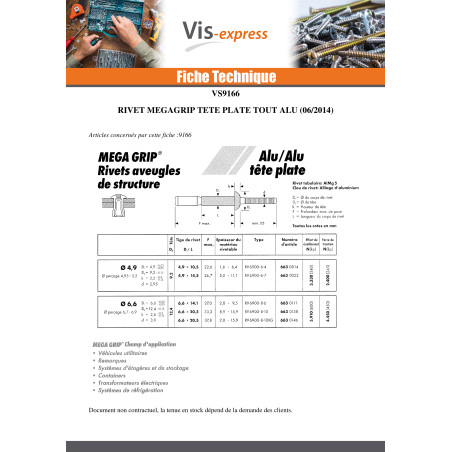 1 x Rivet MEGAGRIP Tout Aluminium 6.6X14.1 Tête plate