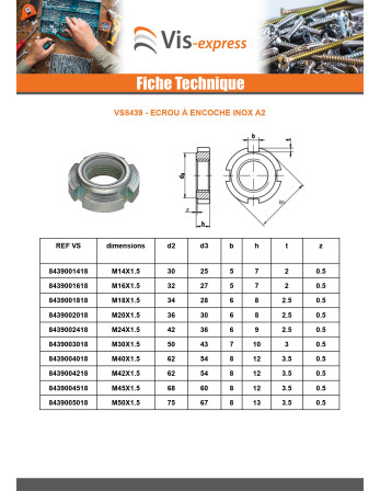 Ecrou à encoches Inox A2 M18 Pas de 150