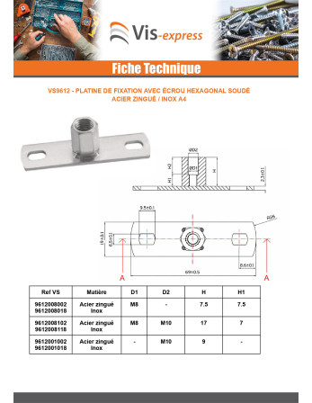 Platine de fixation Avec Ecrou hexagonale M10 Acier zingué