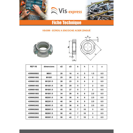 1 x Ecrou à encoches Acier zingué M45 Pas de 150