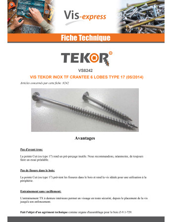Vendues en rouleau de 167 Vis bois TEKOR Tête fraisée Cranté 4X35 Filetée sur 22 TORX T20 Inox A2