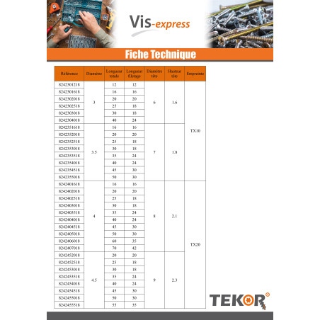 1 x Vis bois TEKOR Inox A2 Tête fraisée Cranté TORX T25 6X90 Filetée sur 54 Pointe antifendage type 17