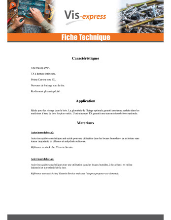 Vis bois TEKOR Inox A2 Tête fraisée Cranté TORX T25 5X55 Filetée sur 35 Pointe antifendage type 17
