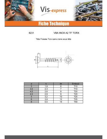 VBA Vis bois agglo Inox A2 Tête fraisée 5X20 Filetage total TORX T25