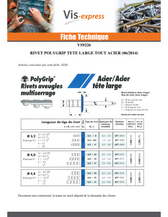 Rivet aveugle tout acier Tête large 4.8X10 Multi-serrage POLYGRIP