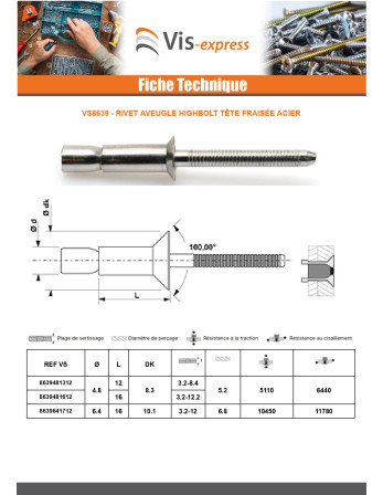 Rivet aveugle tout acier HIBOLT Tête fraisée 4.8X16 Epaisseur de serrage 3.2 à 12