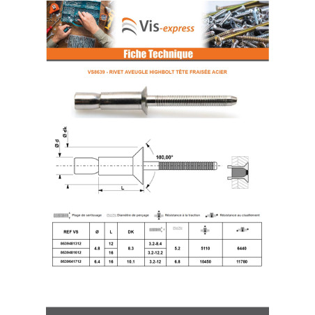 1 x Rivet aveugle tout acier HIBOLT Tête fraisée 4.8X16 Epaisseur de serrage 3.2 à 12