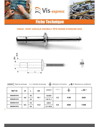 Rivet Aveugle HIGHBOLT Tête Ronde Standard Tout Inox 4.8X10