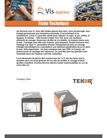 Vis DECK TEKOR Tête fraisée bombée TFB TORX T15 4X60 Pointe antifendage type 17 Inox Inox C1 AISI 410