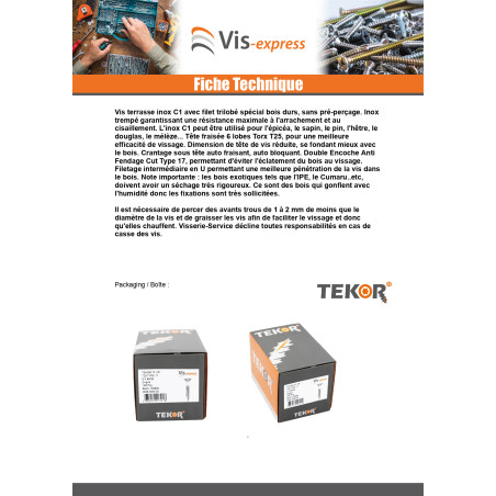 1 x Vis DECK TEKOR Tête fraisée bombée TFB TORX T20 4.5X50 Pointe antifendage type 17 Inox Inox C1 AISI 410