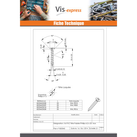 1 x Vis pvc Inox A2 Tête fraisée bombée TFB Phillips 4.2X35
