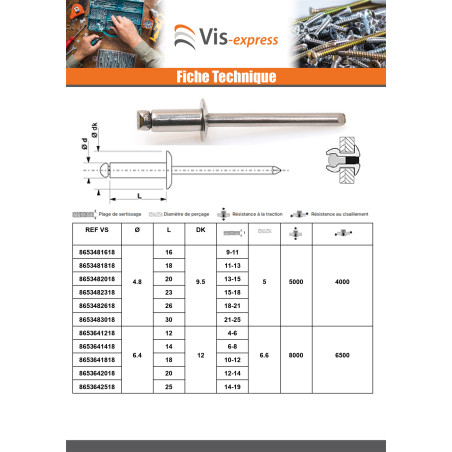 1 x Rivet Aveugle Tout Inox TRS 4.8X6 Epaisseur de serrage 0.5 à 1.5