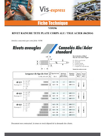 Rivet Rainure Aluminium Tige acier 4X12 Tête plate