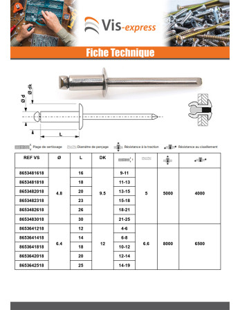 Rivet Aveugle Tout Inox TRS 4X13 Epaisseur de serrage 6 à 9