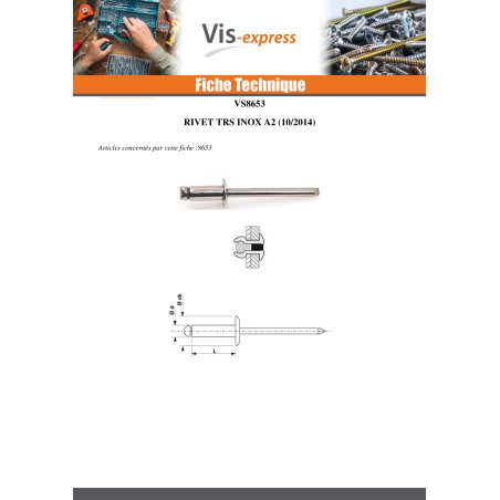 1 x Rivet Aveugle Tout Inox TRS 4.8X30 Epaisseur de serrage 21 à 25