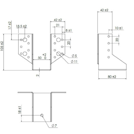 1 x Sabot de charpente Forme U à Ailettes Extérieur 50X100 Acier zingué noir