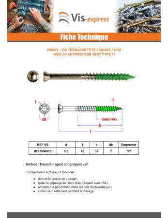 Vis terrasse Tête fraisée TORX T25 5,5X60 Filetée sur 32 Inox A4 antifriction Vert