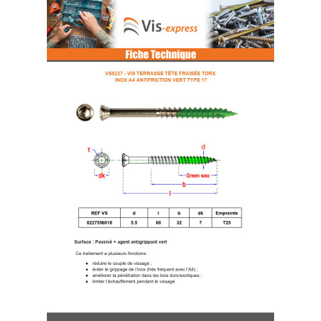 1 x Vis terrasse Tête fraisée TORX T25 5,5X60 Filetée sur 32 Inox A4 antifriction Vert