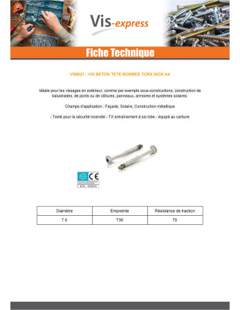 Vis béton Tête Bombée TORX T30 Inox A4 7.5X80 Filetée sur 25
