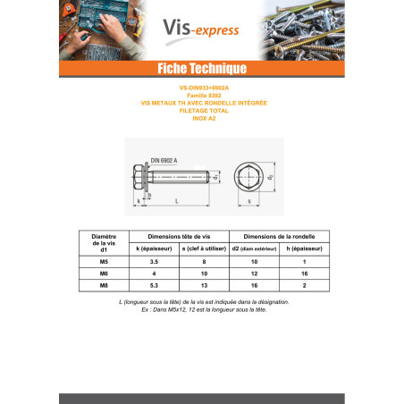 1 x Vis métaux Tête hexagonale TH Filetage total Avec RD IMP M8X40 Inox A2