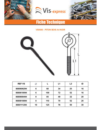 Piton Bois Inox A4 Noir 10X125 Filetée sur 76 Oeil 30