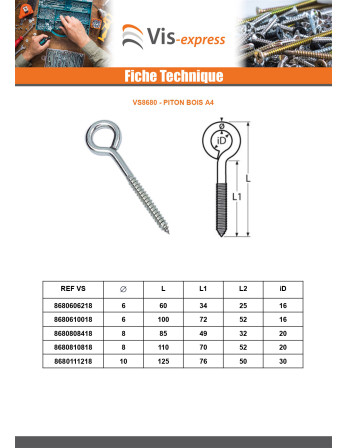 Piton Bois Inox A4 6X100 Filetée sur 54 Oeil 14