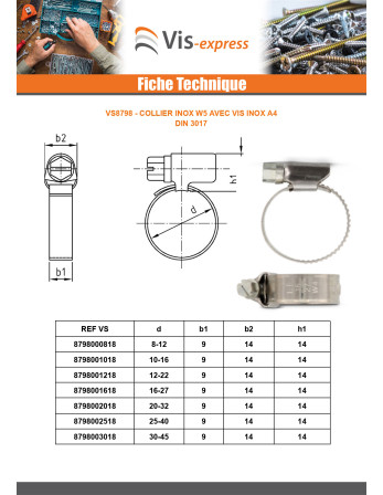 Collier Inox W5 Diamètre 8 à 12 largeur de la bande 9