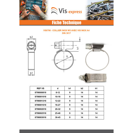 1 x Collier Inox W5 Diamètre 8 à 12 largeur de la bande 9