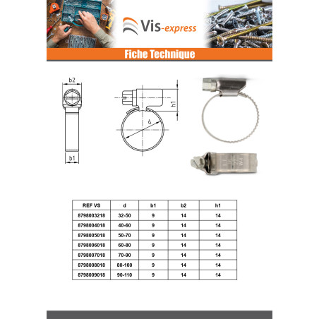 1 x Collier Inox W5 Diamètre 8 à 12 largeur de la bande 9