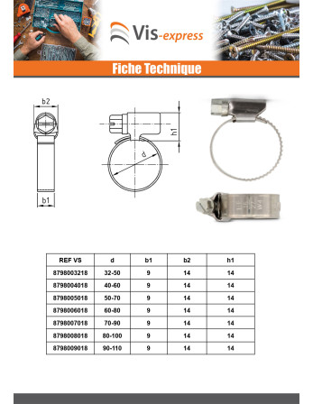 Collier Inox W5 Diamètre 50 à 70 largeur de la bande 12