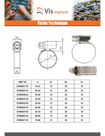 Collier Inox W5 Diamètre 160 à 180 largeur de la bande 12