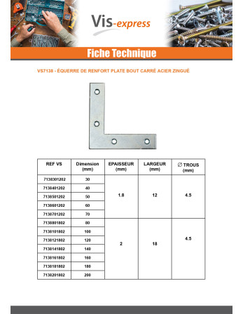 Equerre Plate renfort Bout Carré 30X30X12 Acier zingué