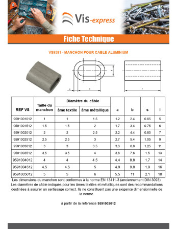 Manchon à sertir Aluminium pour câble ame textile Diamètre 6 et ame métallique Diamètre 5