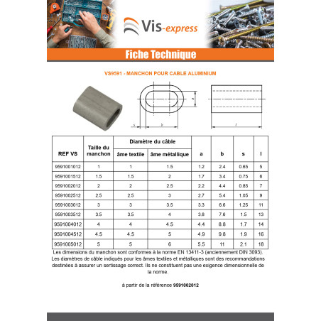 1 x Manchon à sertir Aluminium pour câble ame textile Diamètre 6 et ame métallique Diamètre 5