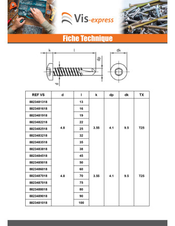 Vis autoperceuse Tête cylindrique TC 3.9X50 TORX T15 Inox AISI 410