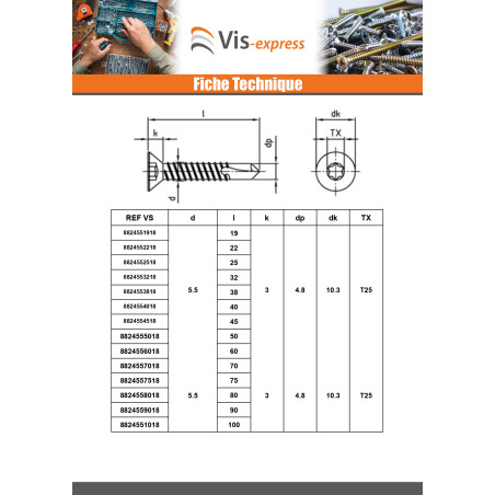 1 x Vis autoperceuse Tête fraisée 5.5X90 TORX T25 Inox AISI 410