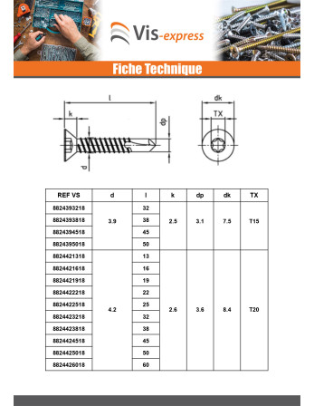 Vis autoperceuse Tête fraisée 5.5X70 TORX T25 Inox AISI 410