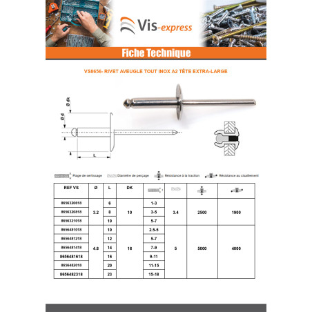 1 x Rivet Aveugle Tout Inox Tête extra large TEL 4.8X23 Epaisseur de serrage 15 à 18