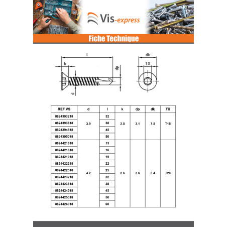 1 x Vis autoperceuse Tête fraisée 3.9X13 TORX T15 Inox AISI 410