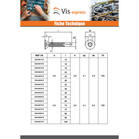 1 x Vis autoperceuse Tête fraisée 3.9X13 TORX T15 Inox AISI 410