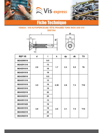 Vis autoperceuse Tête fraisée 3.9X50 TORX T15 Inox AISI 410