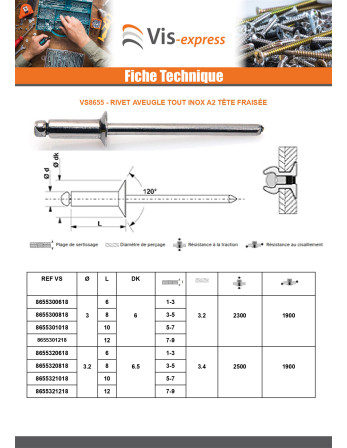 Rivet Aveugle Tout Inox Tête fraisée 3X12 Epaisseur de serrage 7 à 9