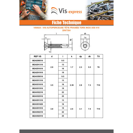 1 x Vis autoperceuse Tête fraisée 6.3X90 TORX T30 Inox AISI 410