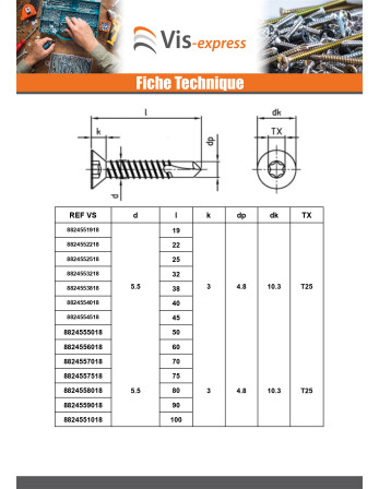 Vis autoperceuse Tête fraisée 4.8X90 TORX T25 Inox AISI 410
