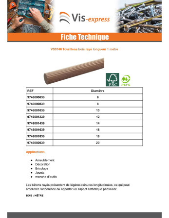 Tourillon en bois strié Diamètre 18 Longueur 1 mètre