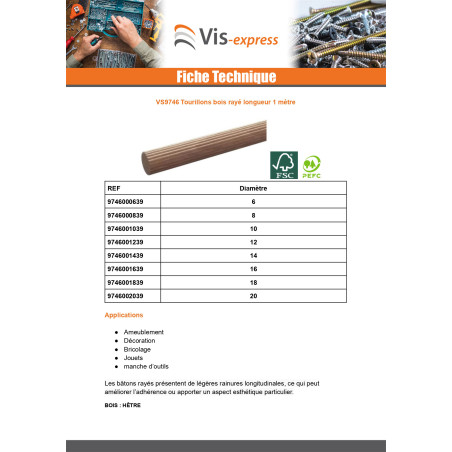 1 x Tourillon en bois strié Diamètre 16 Longueur 1 mètre