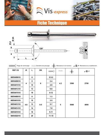 Rivet Aveugle Tout Inox Tête fraisée 3.2X6 Epaisseur de serrage 1 à 3