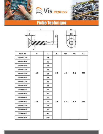 Vis autoperceuse Tête fraisée 4.2X25 TORX T20 Inox AISI 410